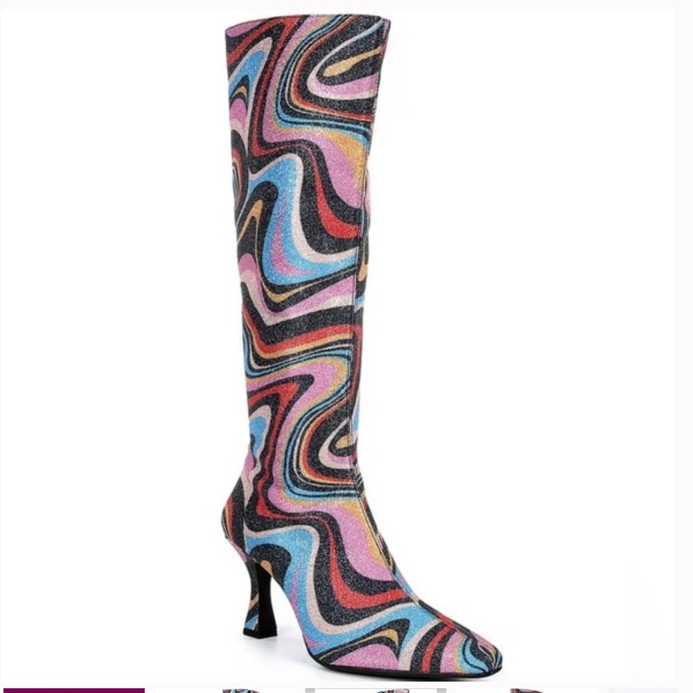 NEW Gianni Bini Cat-Walk Glitter Snip Toe Colorful Swirl Pattern Knee-High Boots